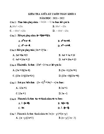 Đề kiểm tra giữa kỳ I môn Toán Khối 8 - Năm học 2021-2022 (Có đáp án)