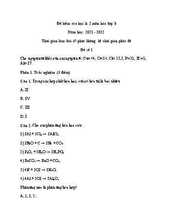 Đề kiểm tra học kì 2 môn Hóa học Lớp 8 - Năm học 2021-2022 (Có đáp án)
