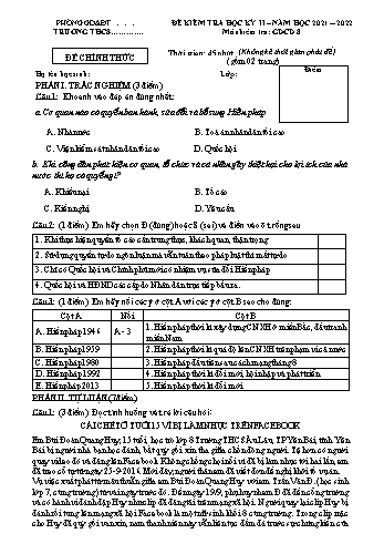 Đề kiểm tra học kì II môn Giáo dục công dân Lớp 8 - Năm học 2021-2022 - Đề 2 (Có đáp án)