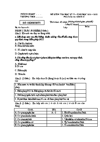 Đề kiểm tra học kì II môn Giáo dục công dân Lớp 8 - Năm học 2021-2022 - Đề 1 (Có đáp án)