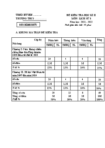 Đề kiểm tra học kì II môn Lịch sử Lớp 8 - Năm học 2021-2022 - Đề 1 (Có đáp án)