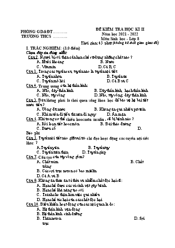 Đề kiểm tra học kì II môn Sinh học Lớp 8 - Năm học 2021-2022 - Đề 2 (Có đáp án)