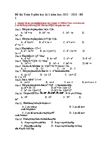 Đề thi giữa học kì 1 môn Toán Lớp 8 - Năm học 2022-2023 - Đề 1 (Có đáp án)