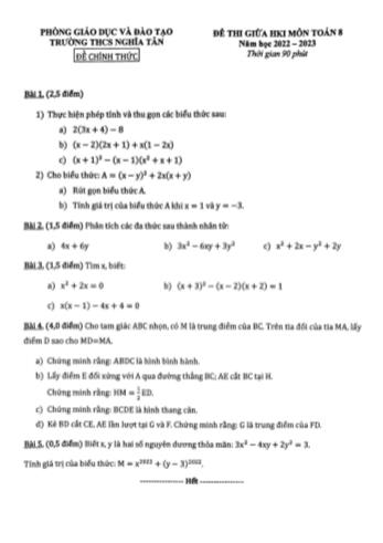 Đề thi giữa học kì 1 môn Toán Lớp 8 - Năm học 2022-2023 - Trường THCS Nghĩa Tân