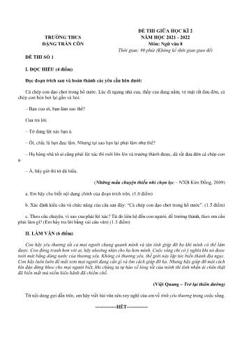 Đề thi giữa học kì 2 môn Ngữ văn Lớp 8 - Năm học 2021-2022 - Trường THCS Đặng Trần Côn (Có đáp án)