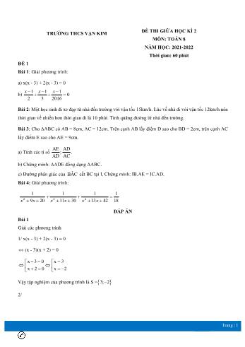 Đề thi giữa học kì 2 môn Toán Lớp 8 - Năm học 2021-2022 - Trường THCS Vạn Kim (Có đáp án)