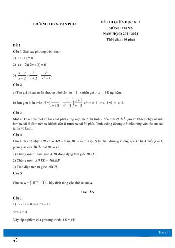Đề thi giữa học kì 2 môn Toán Lớp 8 - Năm học 2021-2022 - Trường THCS Vạn Phúc (Có đáp án)