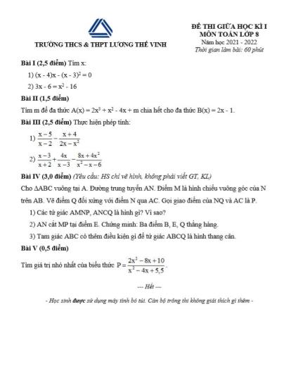 Đề thi giữa học kì I môn Toán Lớp 8 - Năm học 2021-2022 - Trường THCS & THPT Lương Thế Vinh
