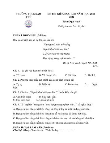 Đề thi giữa học kì II môn Ngữ văn Lớp 8 - Năm học 2021-2022 - Trường THCS Đạo Trù (Có đáp án)