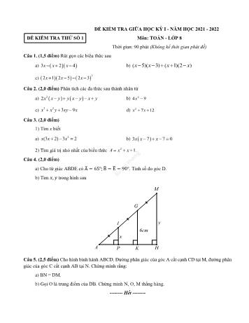 Tổng hợp 5 đề kiểm tra thử giữa học kỳ I môn Toán Lớp 8 - Năm học 2021-2022