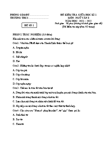 Tuyển tập 10 đề kiểm tra giữa học kì 1 môn Ngữ văn Lớp 8 - Năm học 2021-2022 - Đề 1 (Có đáp án)