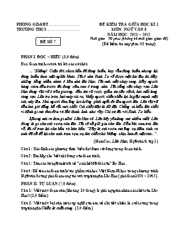 Tuyển tập 10 đề kiểm tra giữa học kì 1 môn Ngữ văn Lớp 8 - Năm học 2021-2022 - Đề 7 (Có đáp án)