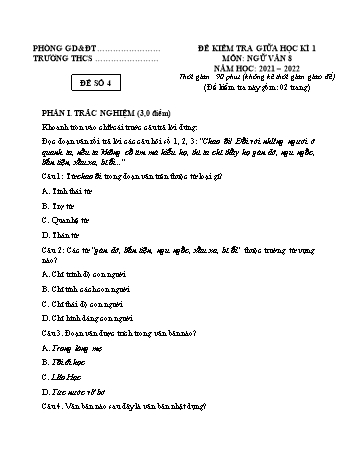 Tuyển tập 10 đề kiểm tra giữa học kì 1 môn Ngữ văn Lớp 8 - Năm học 2021-2022 - Đề 4 (Có đáp án)