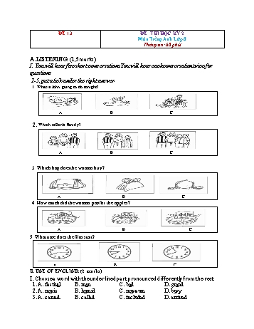 Tuyển tập 21 đề thi học kỳ 2 môn Tiếng Anh Lớp 8 - Đề 13 (Có đáp án)