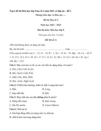 Bộ 6 đề thi học kì 2 môn Hóa học Lớp 8 - Năm học 2021-2022 (Có đáp án)