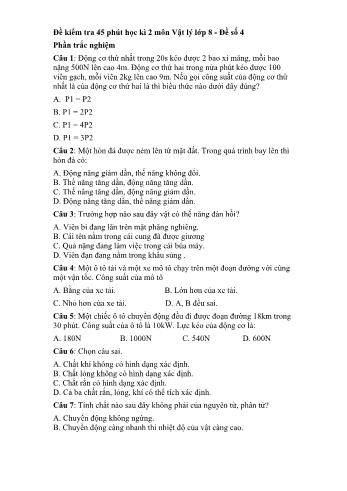 Đề kiểm tra 45 phút học kì 2 môn Vật lý Lớp 8 - Đề số 4 (Có đáp án)