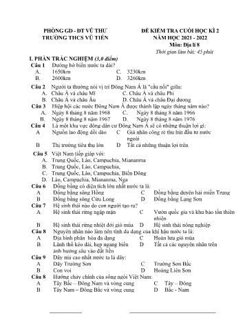 Đề kiểm tra cuối học kì 2 môn Địa lí Lớp 8 - Năm học 2021-2022 - Trường THCS Vũ Tiến (Có đáp án)