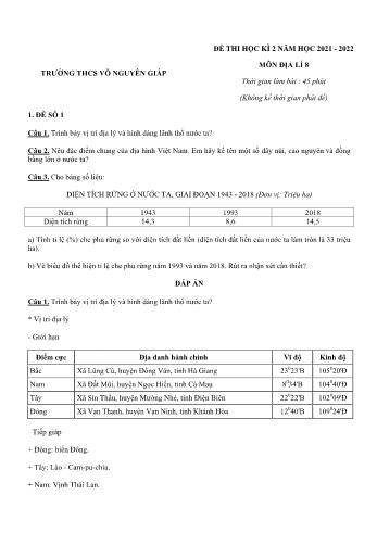 Đề thi học kì 2 môn Địa lí Lớp 8 - Năm học 2021-2022 - Trường THCS Võ Nguyên Giáp (Có đáp án)