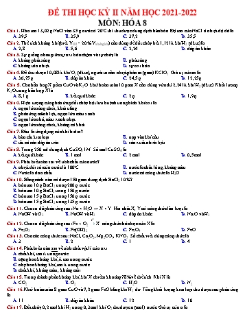 Đề thi học kì 2 môn Hóa học Lớp 8 - Năm học 2021-2022 (Có đáp án)