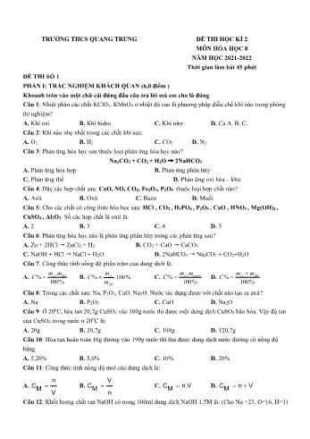 Đề thi học kì 2 môn Hóa học Lớp 8 - Năm học 2021-2022 - Trường THCS Quang Trung (Có đáp án)