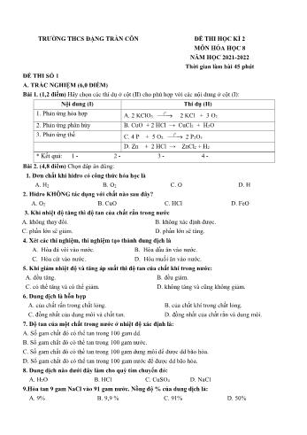 Đề thi học kì 2 môn Hóa học Lớp 8 - Năm học 2021-2022 - Trường THCS Đặng Trần Côn (Có đáp án)