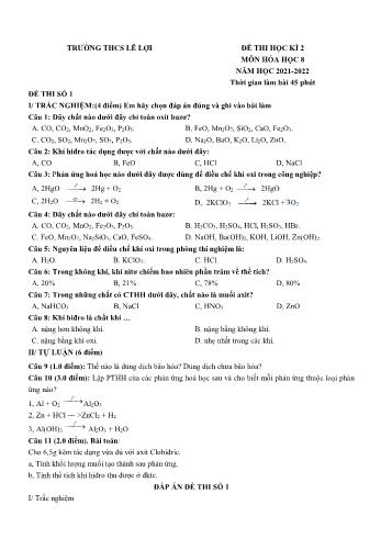 Đề thi học kì 2 môn Hóa học Lớp 8 - Năm học 2021-2022 - Trường THCS Lê Lợi (Có đáp án)