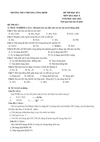 Đề thi học kì 2 môn Hóa học Lớp 8 - Năm học 2021-2022 - Trường THCS Trương Công Định (Có đáp án)