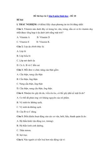 Đề thi học kì 2 môn Sinh học Lớp 8 - Đề 10 (Có đáp án)