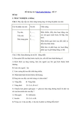 Đề thi học kì 2 môn Sinh học Lớp 8 - Đề 17 (Có đáp án)