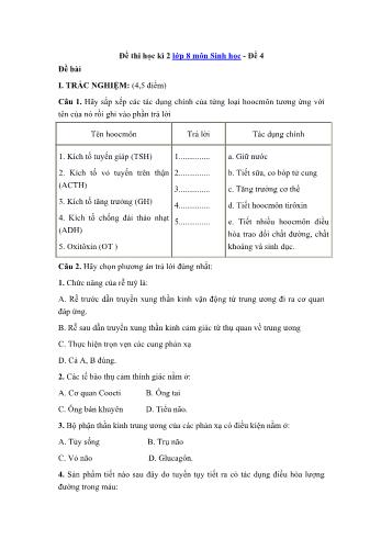 Đề thi học kì 2 môn Sinh học Lớp 8 - Đề 4 (Có đáp án)