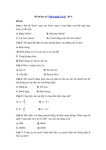 Đề thi học kì 2 môn Vật lý Lớp 8 - Đề 4 (Có đáp án)