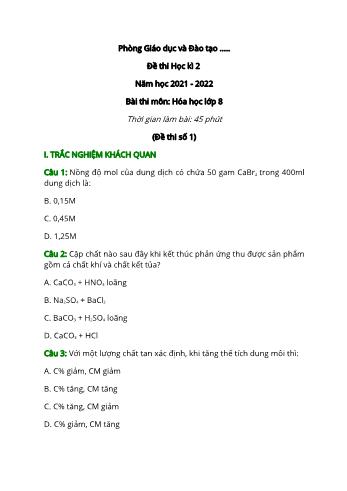 Tổng hợp 5 đề thi học kì 2 môn Hóa học học Lớp 8 - Năm học 2021-2022 (Có đáp án)