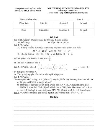 Bài thi khảo sát chất lượng học kỳ I môn Toán học Lớp 8 - Năm học 2022-2023 - Trường THCS Đông Ninh (Có đáp án)