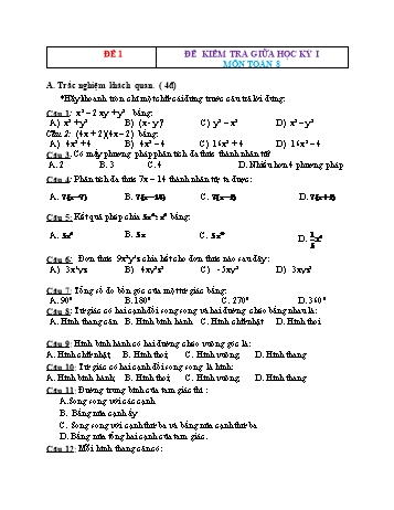 Bộ 4 đề kiểm tra giữa học kỳ I môn Toán học Lớp 8 - Đề 1 (Có đáp án)