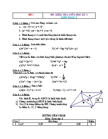 Bộ 4 đề kiểm tra giữa học kỳ I môn Toán học Lớp 8 - Đề 2 (Có đáp án)