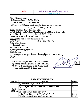 Bộ 4 đề kiểm tra giữa học kỳ I môn Toán học Lớp 8 - Đề 3 (Có đáp án)
