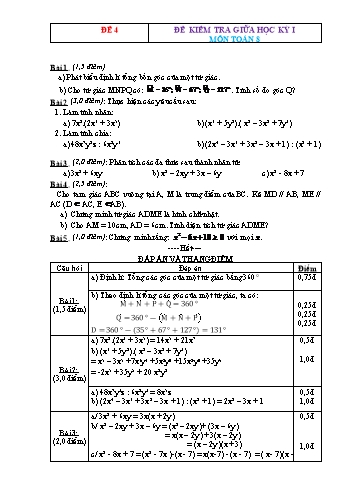 Bộ 4 đề kiểm tra giữa học kỳ I môn Toán học Lớp 8 - Đề 4 (Có đáp án)