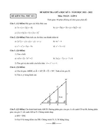 Bộ 5 đề thi thử kiểm tra giữa học kỳ I môn Toán học Lớp 8 - Năm học 2021-2022