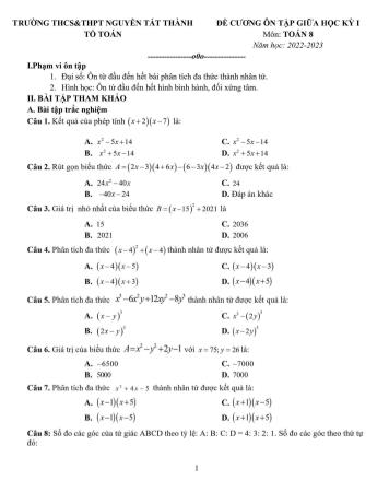 Đề cương ôn tập giữa học kỳ I môn Toán học Lớp 8 - Năm học 2022-2023 - Trường THCS&THPT Nguyễn Tất Thành