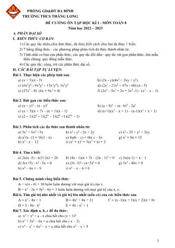 Đề cương ôn tập học kì I môn Toán học Lớp 8 - Năm học 2022-2023 - Trường THCS Thăng Long (Có đáp án)