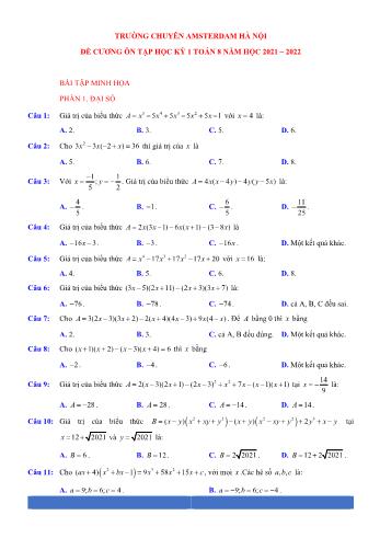 Đề cương ôn tập học kỳ 1 môn Toán học Lớp 8 - Năm học 2021-2022 - Trường Chuyên Amsterdam Hà Nội