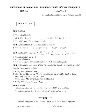 Đề khảo sát chất lượng cuối học kỳ I môn Toán học Lớp 8 - Năm học 2022-2023 - Phòng GD&ĐT Tiền Hải (Có đáp án)