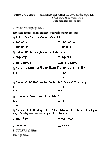 Đề khảo sát chất lượng giữa học kì I môn Toán học Lớp 8 - Năm học 2021-2022 (Có đáp án)