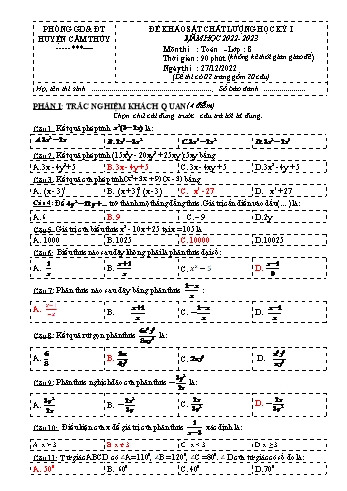 Đề khảo sát chất lượng học kỳ I môn Toán học Lớp 8 - Năm học 2022-2023 - Phòng GD&ĐT Cẩm Thủy (Có đáp án)