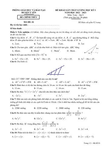 Đề khảo sát chất lượng học kỳ I môn Toán học Lớp 8 - Năm học 2022-2023 - Phòng GD&ĐT Ý Yên (Có đáp án)