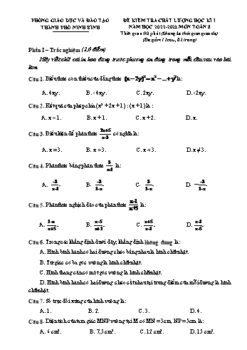 Đề kiểm tra chất lượng học kì I môn Toán học Lớp 8 - Năm học 2022-2023 - Phòng GD&ĐT Ninh Bình (Có đáp án)