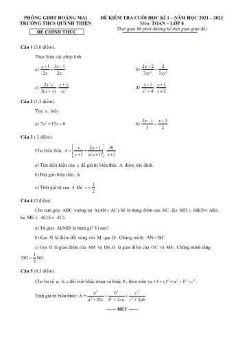 Đề kiểm tra cuối học kì 1 môn Toán học Lớp 8 - Năm học 2021-2022 - Trường THCS Quỳnh Thiện