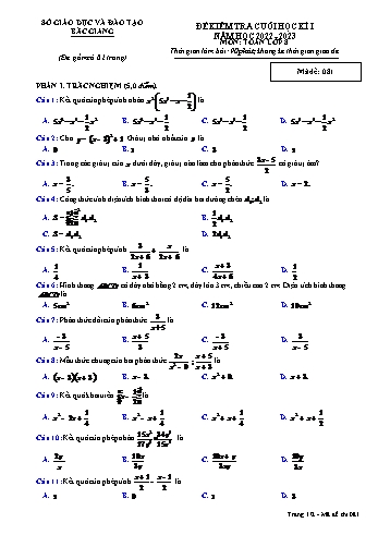 Đề kiểm tra cuối học kì I môn Toán Lớp 8 - Năm học 2022-2023 - Sở GD&ĐT Bắc Giang - Mã đề 081 (Có đáp án)