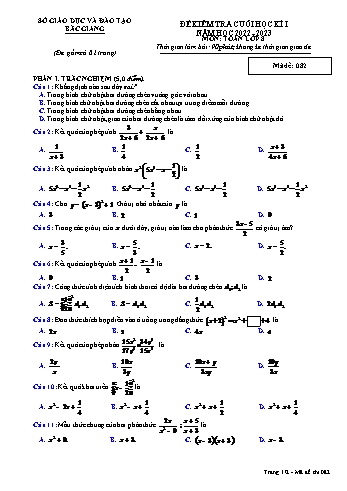 Đề kiểm tra cuối học kì I môn Toán Lớp 8 - Năm học 2022-2023 - Sở GD&ĐT Bắc Giang - Mã đề 082 (Có đáp án)