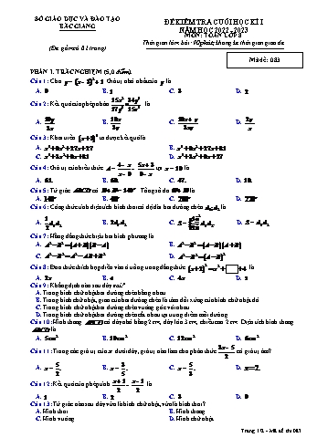 Đề kiểm tra cuối học kì I môn Toán Lớp 8 - Năm học 2022-2023 - Sở GD&ĐT Bắc Giang - Mã đề 083 (Có đáp án)